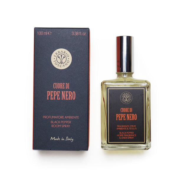 Cuore Di Pepe Nero Home fragrance and linen spray box and bottle.