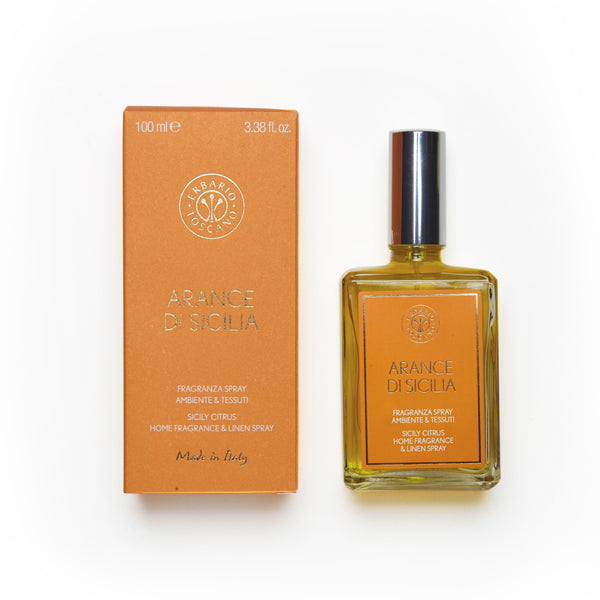 Arance Di Sicilia Home fragrance and linen spray orange box and bottle.