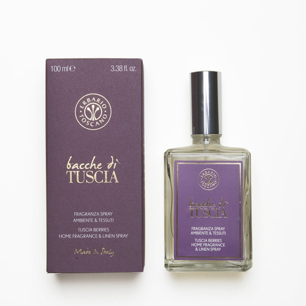 Bacche Di Tuscia Home fragrance and linen spray purple box and bottle.
